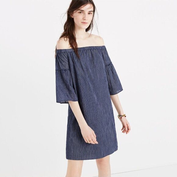 Madewell Off-the-Shoulder Bell-Sleeve Dress Striped Blue White‎ Womens Size 6 - Picture 1 of 8
